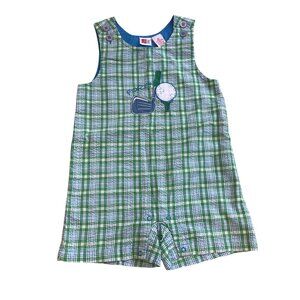 Ur It Embroidered Golf Applique Shortalls Boys Size 3T Plaid Preppy Green Blue